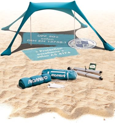 MOMEVO® Tente de Plage avec Voile d’ombrage UPF50+, 2 Barres, Bleu Pétrole | Anti-Vent, Abri de plage léger avec voile d’ombrage, stable au vent et nouvelle génération