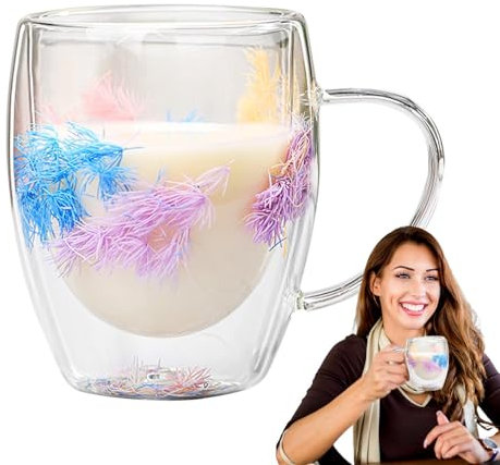 tazza da bere – bicchiere a doppia parete, tazza decorativa | tazza a doppia parete da 350 ml con manico, bellissimi fiori disidratati, bel bicchiere per cioccolato al latte, 11,6 cm