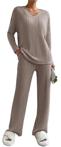 Joligiao Conjunto Punto Mujer Conjunto Dos Piezas de Tejido Casual Punto Tops Manga Larga de Cuello en V y Pantalones con Bolsillos Jersey de Punto Invierno Conjunto Deportivo de Punto(Caqui,L)