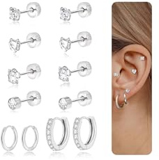 DAILI Ohrringe Silber Set,Titan Ohrringe Damen Mädchen Hypoallergene Chirurgenstahl Medizinische Zirkonia Ohrstecker und kleine Creolen für Helix Tragus Knorpel Piercing Ohr Ohrschmuck