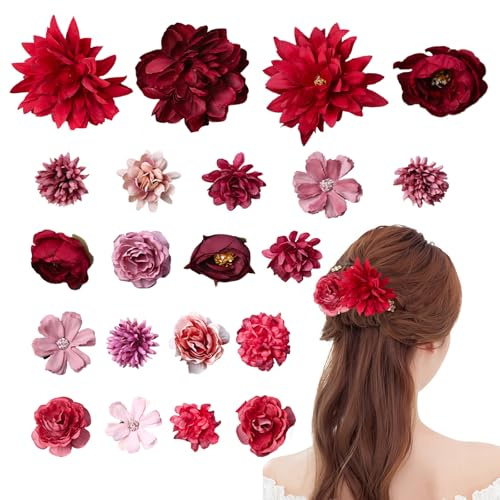 Blumen Haarspange,21 Stück Mehrfarbige Blumen Haarklammer,künstliche Blüte Haarclip,Blume Haarschmuck für Party, Strand, Hochzeit, Veranstaltungsdekoration(Rote Serie)
