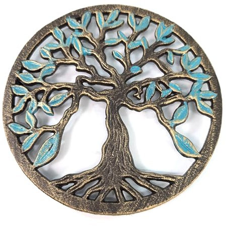 Dessous de plat décoratif en fonte métallique Arbre de vie Ø 19 cm Bronze et turquoise