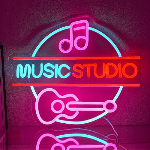 LMSIGNLY Panneau Néon LED à Intensité Variable - Décoration Murale pour Studio de Musique avec Guitare et Notes en Rose - Live Concert