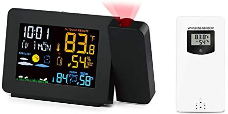 Radio despertador de cabecera, estación meteorológica inalámbrica con proyección, con luz de fondo, sensores meteorológicos para exteriores coloridos, alarma de fecha, temperatura y humedad digit
