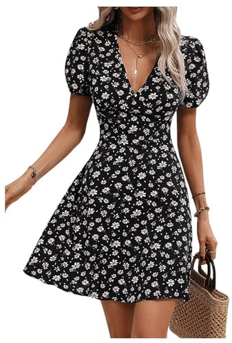 GORGLITTER Women's Floral A Line Flared Flowy Mini Dresses V Neck Puff Short Sleeve High Waist Beach Dress Black Medium