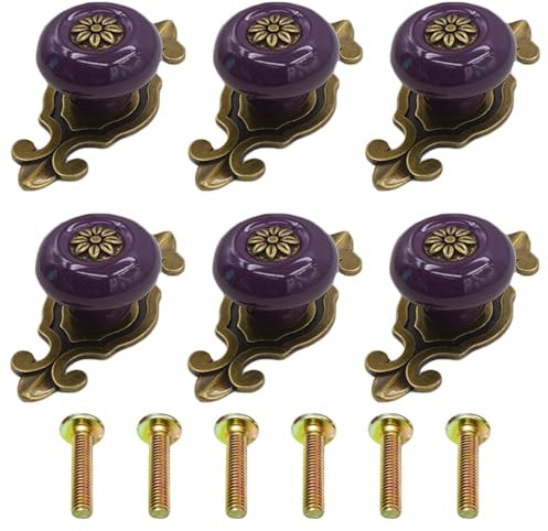 Wuuooei Drawer Handles Ceramic Vintage, 6 Pieces Ceramic Knobs Cabinet Handles Ceramic Vintage Ceramic Knobs Dresser Ceramic Knobs for Furniture Wardrobe Dresser Drawer (6, Purple)