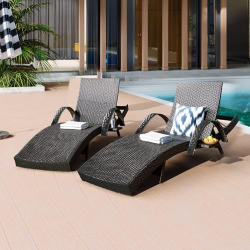 80'' Long Outdoor Wicker Chaise Lounge Chairs Set of 2, Patio Rattan Reclining Chair with Adjustable Backrest & Armrests, Durable PE Rattan Sunbathing Chairs for Pool, Garden, Backyard, Dark Brown