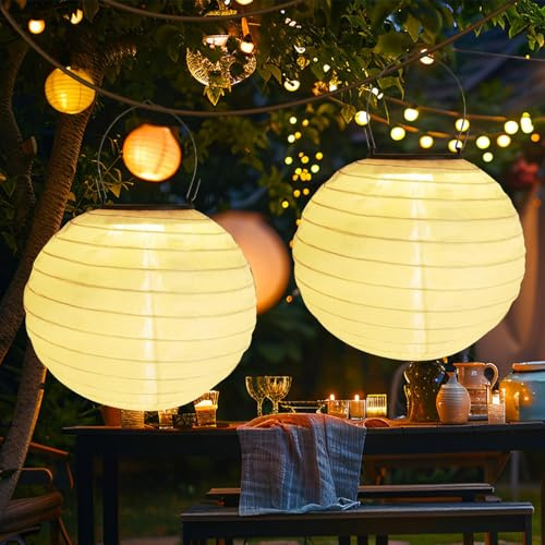 2 Stück 30CM Solar Lampions Außen, Wasserdichte Warmweiße Hängende Gartenlaternen, Solar LED Laterne für Garten, Hof, Balkonen und Festdekoration