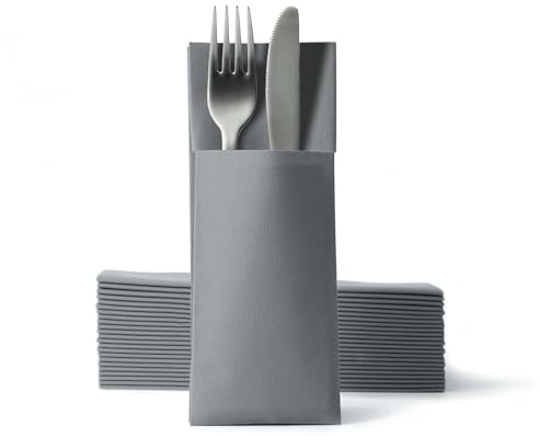 Gastroservietten.de Airlaid Besteckservietten, Bestecktaschen mit Serviette 32 cm x 40 cm, Bestecktasche Hochzeit, 50 Stück, Grau