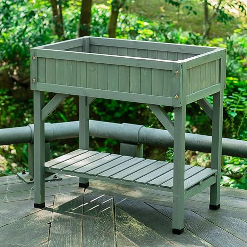 NEONMAN Jardinera Exterior de Madera con Funda para Los Pies, Huerto Urbano Terraza Bancal Elevado para Huerto, Almacenamiento de Doble Capa con Buena Ventilación, Apto para Balcón(Gray)