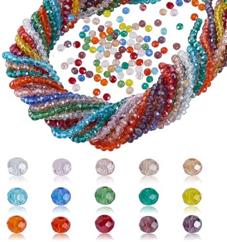 AHANDMAKER 15 Colors 4mm Faceted Crystal Glass Beads, 15 Strands 1695pcs Pearl Luster Plated Rondelle Briolette Shape Shiny Spacer Beads for Necklace Bracelet Craft Jewelry Making