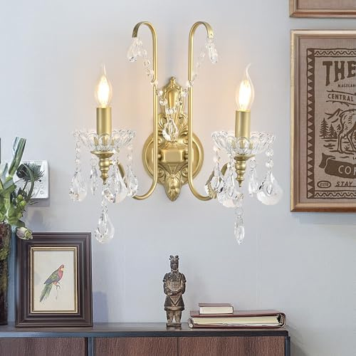 Ganeed Kristall Wandleuchten Antik Retro Vintage Französischer Stil Rustikale Innenwandleuchten für Flur Veranda Treppenabsatz Foyer 2 Licht E14 Champagner-Gold (1 Packung)