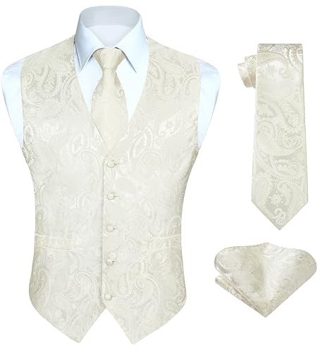 HISDERN Chaleco Hombre Paisley Chaleco Traje y Corbata Bolsillo Cuadrado Conjunto para Boda Fiesta Negocios L