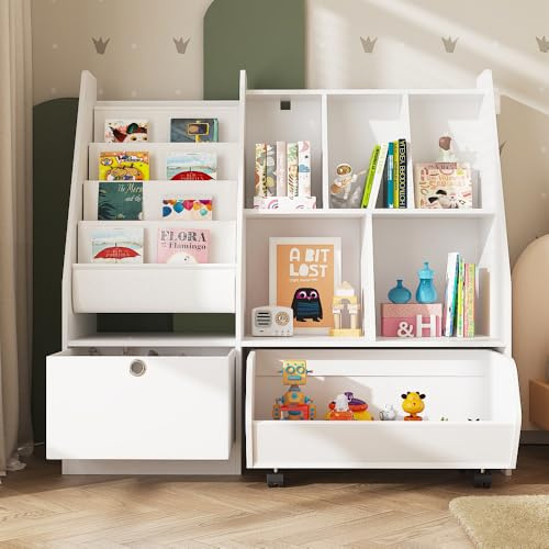PREMTURE Kinderregal, Spielzeugaufbewahrung für Kinder, Aufbewahrungsschrank, Spielzeugschrank, Aufbewahrungsbox mit Rollen, Spielzeugregal, für Kinderzimmer 100 x 32 x 95 cm Weiß, MDF