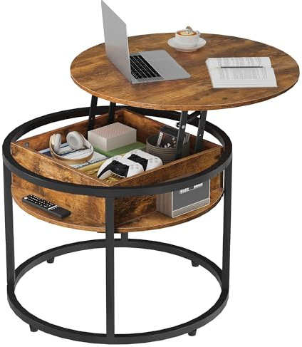 WLIVE Couchtisch Rund mit Hebeplatte, Wohnzimmertisch Höhenverstellbar mit Stauraum, 60 x 60 x 50 cm, Kaffeetisch für Wohnzimmer, Balkon und Büro (Rustikales Braun, 60 Durchmesser)