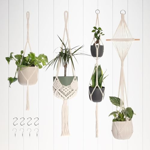 WUWENY Makramee Blumenampel, Pflanzampell Hängend Innen, Hängender Blumentopf Modern Indoor, Blumenampel Makramee Set mit Baumwollseil für Innen Außen Decken Balkone Wanddekoration 4 pcs weiße