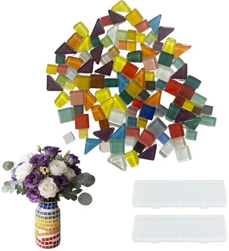 Mosaiksteine zum Basteln,400g farbiges Glas Mosaik Stein Band mit zwei transparenten 20 * 7cm Box Mini Mosaik Fliesen Handwerk für Badezimmer, Küche, Heimdekoration, DIY-Kunstprojekte