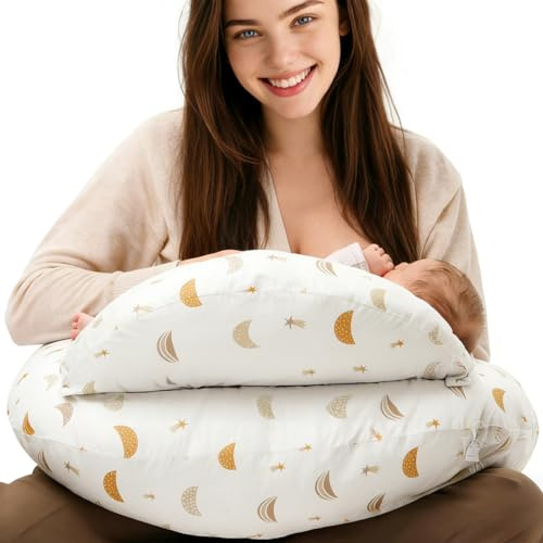 Supernic Breastfeeding Pillow for Mom and Baby - Nursing Pillow with Adjustable Waist Strap, Safety Fence & 100% Cotton Removable Cover - Ergonomic Support for Feeding, Tummy Time (Starry Sky)