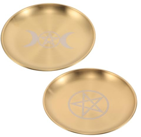 Sewroro Lot de 2 Plateaux d'Autel en Acier Inoxydable Doré Pentagramme et Phases Lunaires Assiettes Rituelles Sacrées Multifonctions pour Offrandes Porte-Bougies et Rangement Bijoux