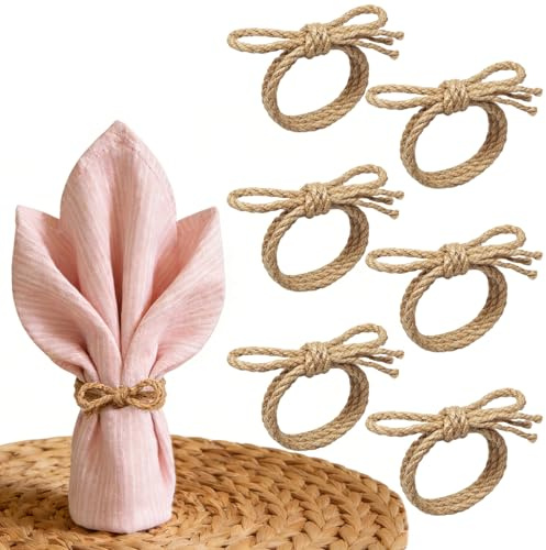 6 Stück handgefertigte Serviettenringe aus Juteseil. Diese rustikalen Serviettenringe verleihen Ihrer Tischdekoration natürlichen Boho-Charme – perfekt für Hochzeit, Landhausstil oder den Alltag.