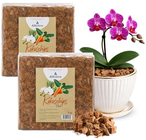 Allkokos 2x5kg hochwertige Kokoschips für Pflanzen & Blumen | 5kg Block als Orchideenerde & Kokossubstrat aus Kokosfaser für tropische Pflanzen – luftdurchlässig und torffrei