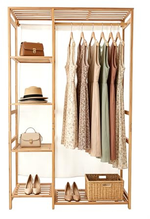 BREEZENEST Bamboo Clothes Rail Garment Rack Open Wardrobe Closet with 4-Tier Storage Shelves Heavy Duty Coat Stand for Hanging Clothes Standing Clothing Rack for Bedroom Living Room Laundry