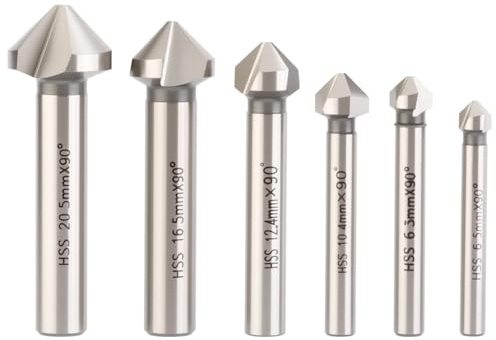 Dtacke 6PC 90 Degree 3 Flute Chamfering End Mill Cutter Drill Bit HSS Chamfer Countersink Bits Set