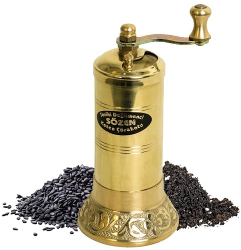Sozen Black Seed Grinder – 4.33” Handmade Manual Brass Mill with Stainless Steel Conical Burrs – Portable Hand Crank Small Seed, Spice Mill Grinder, Portable Herb Turkish Mill