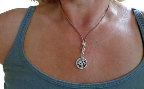 ★ LEBENSBAUM HALSBAND ★ STATEMENT Kette AUS LEDER mit dickem Baum Anhänger, Landschafts- Jaspis Stein und Blatt Spacer