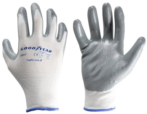 Goodyear guanti in nylon e nitrile taglia 8 colore bianco/grigio, guanti da lavoro