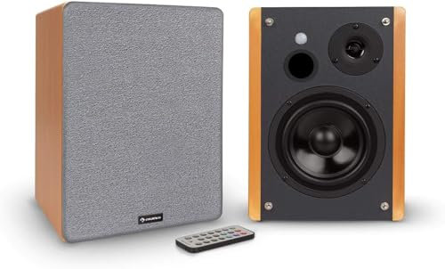 auna Linie 500 A Regallautsprecher, Paar, Aktivboxen, Leistung: 2 x 60 Wmax. / 2 x 30 W RMS, Woofer: 5 (12,5 cm), Tweeter: 1 (2,5 cm), Bluetooth-Streaming, USB-/SD-Port für MP3,Holz-Optik/schwarz