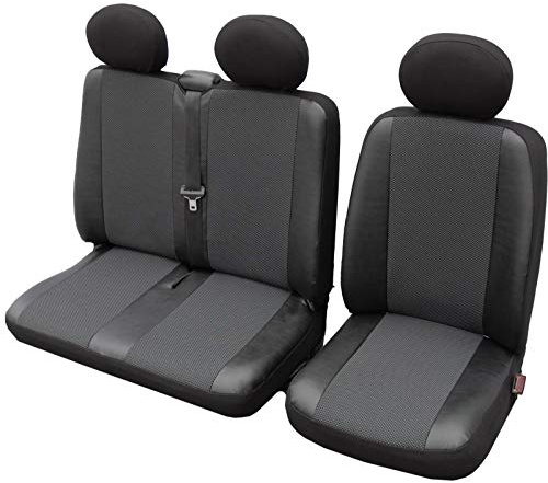 ERJOT Autositzbezüge Sitzbezüge Maßgefertigte Elegance Sitzbezug Fahrersitz + 2er Beifahrersitzbank kompatibel mit VW T5 Schwarz+Grau