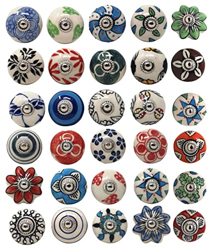 Ajuny 30er Set Keramik Möbelknöpfe – Handbemalt, Bunt mit Blumenmuster | Glänzende Schrankknöpfe & Griffe für Küchenschränke, Schubladen, Kommoden & Truhen – Vintage Landhausstil, M4-Gewinde