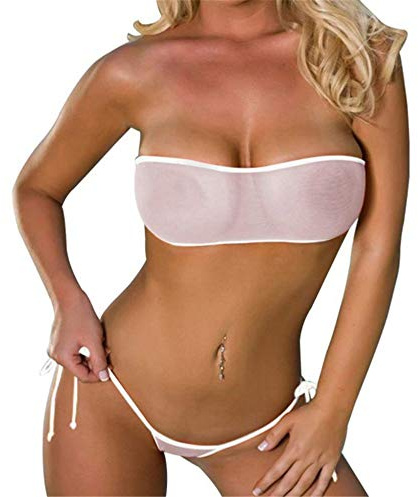 ZHER-LU Bikini da donna a tre punti in rete, top estivo da spiaggia trasparente, top a fascia con mini perizoma brasiliano, bianco, Taglia unica