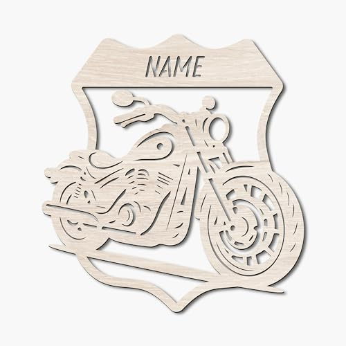 Namofactur personalisierte Motorrad-Wandlampe Cruiser aus Holz | Mit Wunschname, in verschiedenen Farben und wahlweise warmweiß per Batterie oder RGB mit USB und Fernbedienung erhältlich