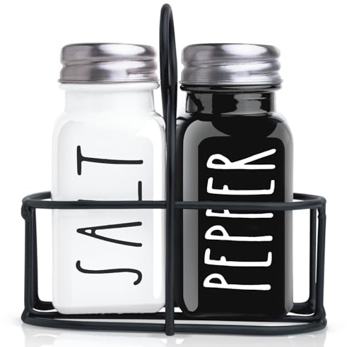 Farmhouse Salt and Pepper Shakers Set, a cute black and white premium glass shakers with stainless steel lids in a black metal holder, perfect for adding a vintage kitchen decor charm, great as a gift