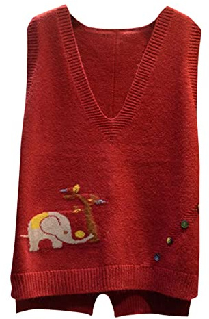 Dawwoti Women Knitted Sleeveless Jumpers Floral Pattern Sweater Vests V Neck Gilets Waistcoat Top Ladies Sleeveless Jumper Women's V Neck Sweater Red