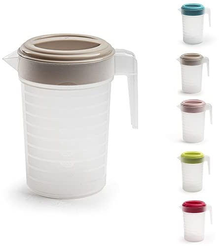 PLASTIFIC Pichet de qualité alimentaire – Parfait pour les sauces – Passe au micro-ondes – Pour liquides de cuisine maison – Pichet passant au micro-ondes (avec couvercle taupe, 1 l)
