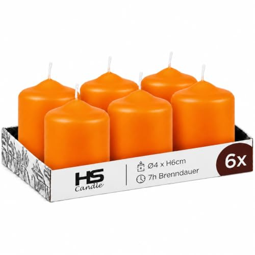 Stumpenkerzen Orange Ø4cm x 6cm, 6er-Set, Blockkerzen in EU hergestellt | Dekorative Wachskerzen mit ca. 7 h Brenndauer je Kerze – stimmungsvolle Tischdeko für Advent, Zuhause und Feiern