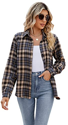 Famrrifuu Chemise Femme a Carreaux Classique Chemisier en Flanelle Chic et élégant Blouse Shirt Coton Décontractée