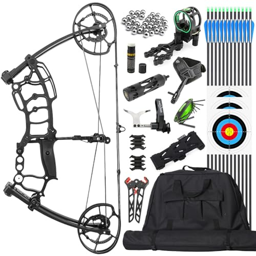 SHARROW Bogenschießen Compoundbogenset 40-65lbs Einstellbar Jagdbogen Compoundbogen Kit Dual-Zweck Kurzachsen Compound Bögen Katapult Stahl Ball für Bogen Jagd Angeln (Typ 3)