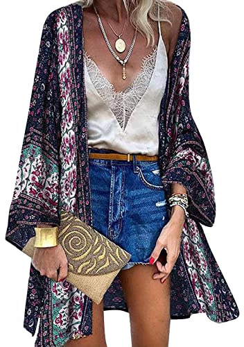 Kimono Copricostume Donna Cardigan Lungo Retro Stampa Floreale Bikini Cover Up Maniche Lunghe Coprivostume Elegante Copricostumi da Bagno Estate Beachwear,Blu Navy,XL