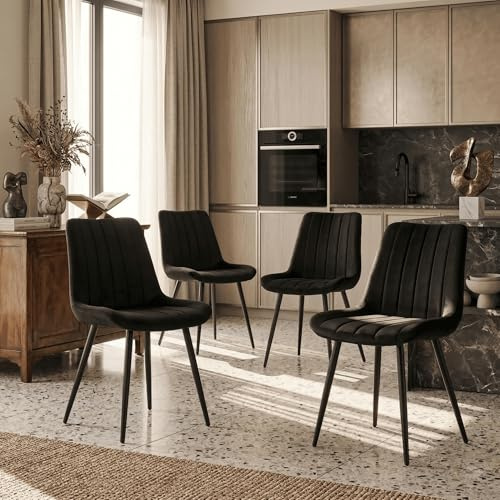CLIPOP Samt Esszimmerstühle 4er Set Küchenstühle Polsterstuhl Wohnzimmerstuhl Gepolsterte Sessel Sitzfläche mit Rückenlehne und Metallbeine (4er Set, Schwarz)