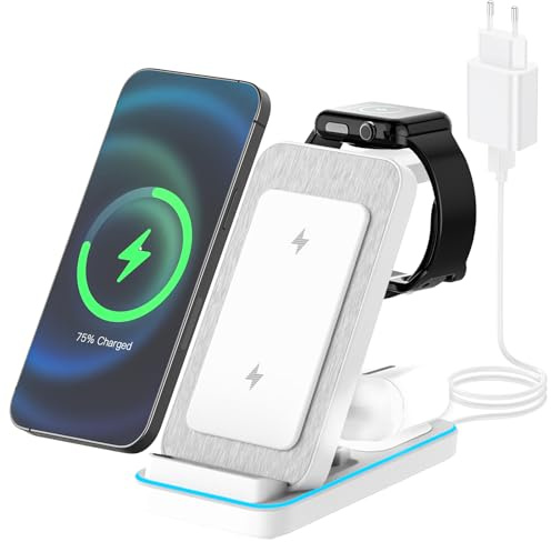 JOEAIS Chargeur Induction, 3 en 1 Chargeurs à Induction pour Téléphones Portables avec Adaptateur, Chargeur Rapide sans Fil 15W pour iPhone/Samsung/Apple Watch/Apple Ecouteurs(Blanc)