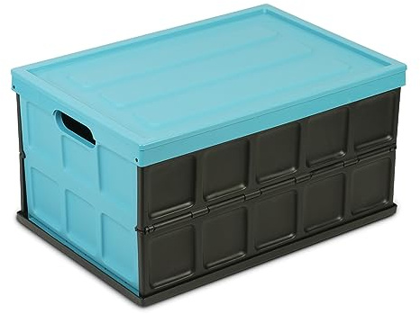 Glad Collapsible Storage Bin with Lid - 48L Foldable Plastic Box for Garage, Car Trunk, and Organization - Stackable Lidded Container with Handles, Turquoise
