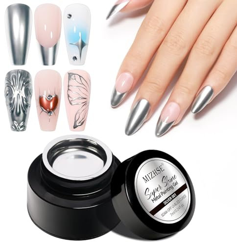 MIZHSE Metallic Painting Gel, 3D Metal Mirror Effect, Holographic Nail Polish Silver Painted Gel Liner Nail Art, Metallic-Gel-Nagellack Holographic 3D Metal Mirror Effect Sliver Painting Gel Nail Art