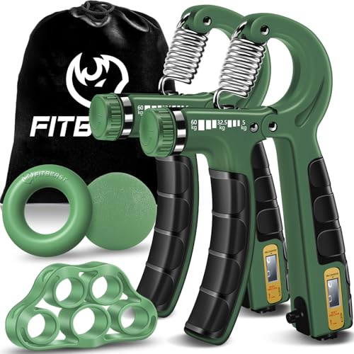FitBeast Hand Grip Strengthener Workout Kit (5 Pack), 2 Forearm Grip Adjustable Resistance Hand Gripper, Finger Stretcher, Grip Trainer & Stress Relief Grip Ball for Athletes