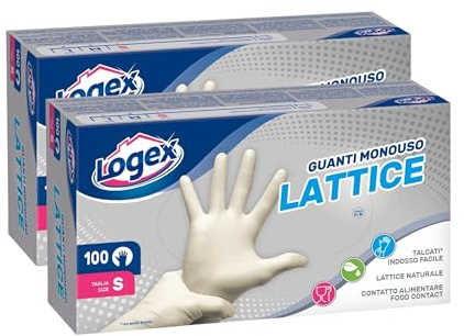 Logex Guanti in Lattice naturale per Lavori Domestici (100 Pezzi Tg Small) Monouso, non sterili, confortevoli e facili da indossare grazie alla Talcatura con Amido di Mais - 2 Pack (Totale 200 Guanti)