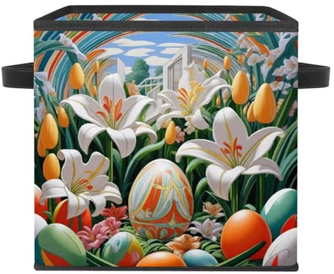 Large Cube Storage Bin with Leather Handles, Foldable Storage Box for Home, Closet, Bedroom, Easter Eggs Lilies