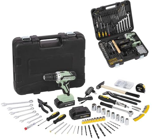 Taladro atornillador inalámbrico con batería y maletín para bricolaje – Kit destornillador con 135 accesorios, puntas para metal, pared, madera y herramientas para bricolaje completo, 12 V